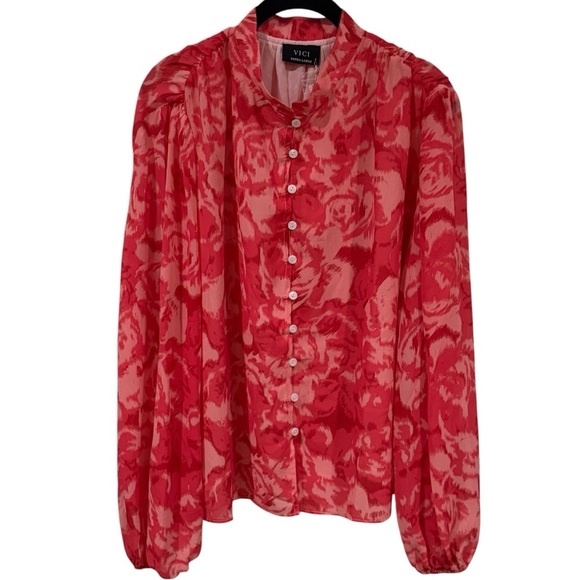 NEW Vici Sangria Sunrise Button Down Blouse Pink Multi Watercolor Women’s XL - Picture 2 of 10